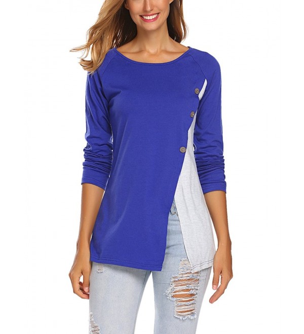 Women's Long Raglan Sleeve Split Hem Button Shirt Tunic Top - Blue ...