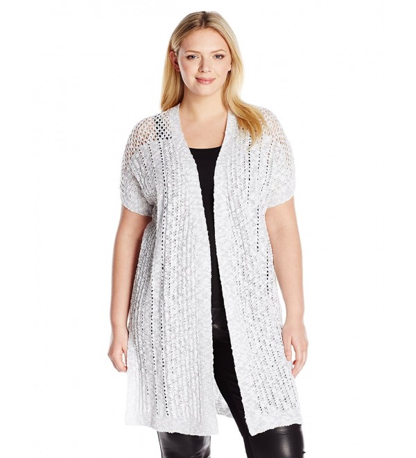 Women's Plus Size Short Sleeve Stitch Interest Openfront Long Cardigan ...