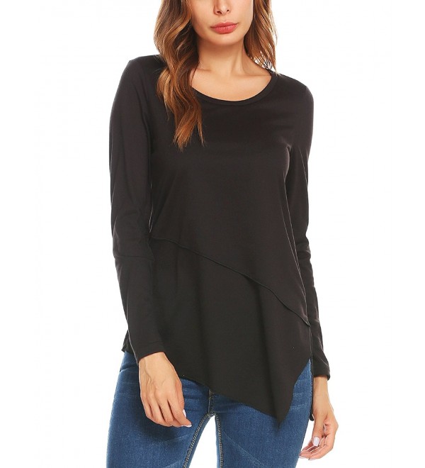 Women O-Neck Long Sleeve Split Asymmetrical Hem Double Layered Front ...