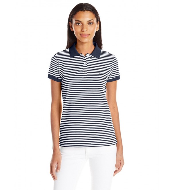 Women's Short Sleeve Stretch Stripe Polo Shirt - Navy Seas - C212NU2RVYW