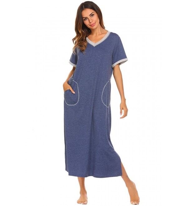 Women's Loose Soft V-Neck Full Length Sleep Dress With Pockets Pajamas ...
