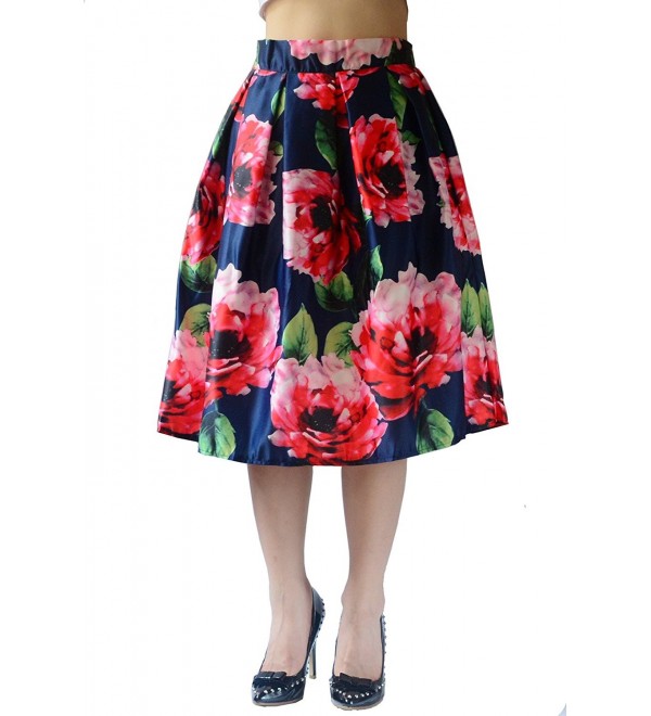 Womens Midi Skirt High Waist A-Line Pleated Vintage Floral OL Midi ...