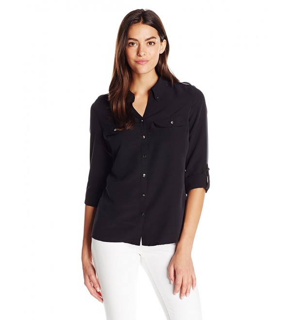 Women's Long Sleeve Rolled To 3/4 P Collar Shirt - Black - CH12GG11JDZ