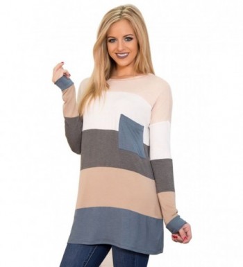 Fancathy Block Shirt Striped Long Sleeves Round Neck