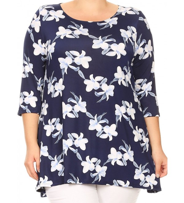 Women Plus Size Floral Print Round Neck Tunic Knit Top Tee - Navy White ...