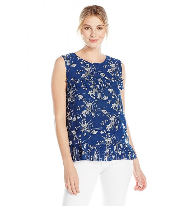 Lark & Ro Women's Sleeveless Tiered Printed Blouse With Ruffle Trim ...