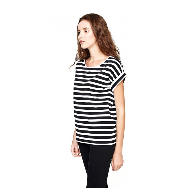 Womens Round Neck Black and White Striped Shirt Cotton Short Sleeve Tee ...