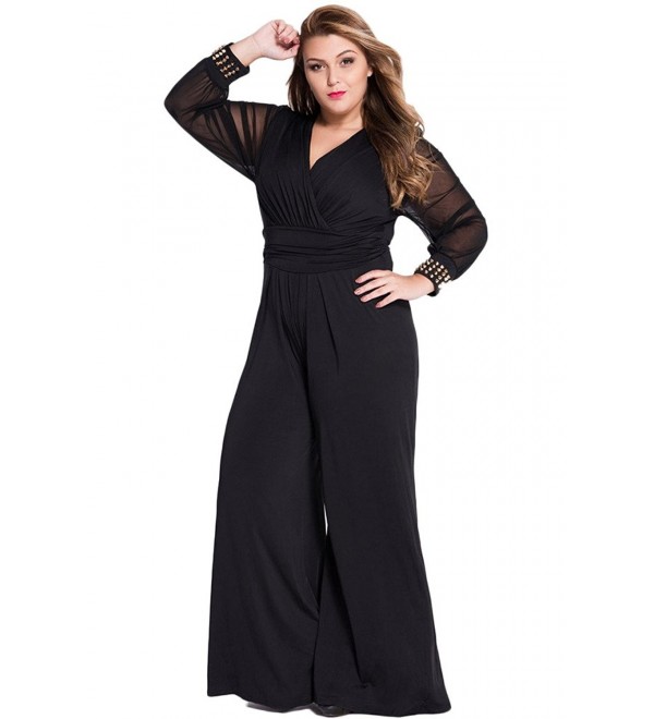 Womens Plus Size Jumpsuits Long Sleeve V-neck Casual Style Set Black ...