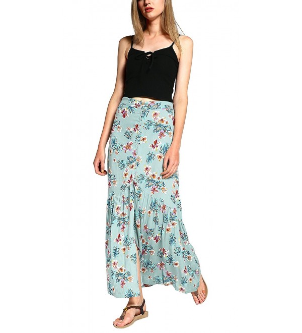 Women's Boho Floral Print Flowy Split Beach Long Skirt - Canal Blue ...