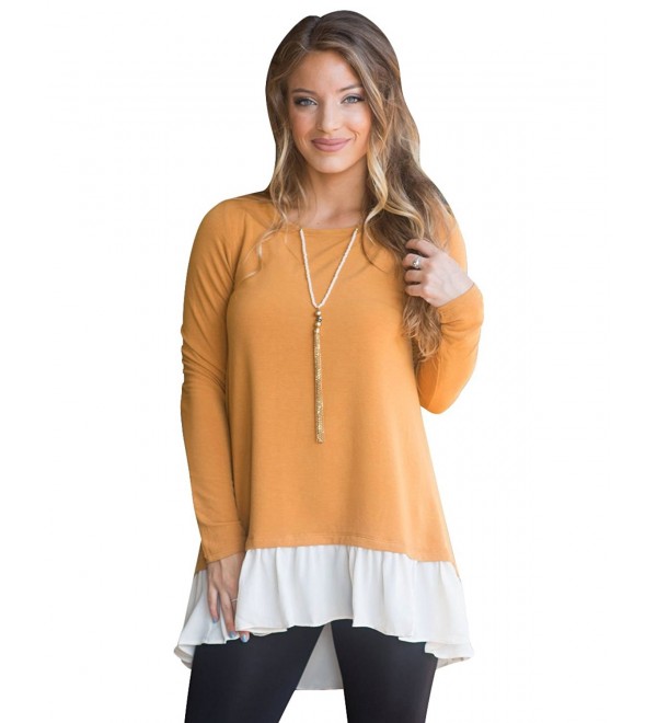 Women's Tops Long Sleeve Hem Splicing Scoop Neck A-Line Tunic Blouse ...