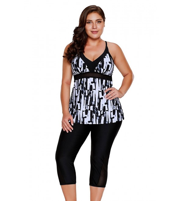 Women's Retro Abstract Print Two Piece Plus Size Tankini Capris Short ...