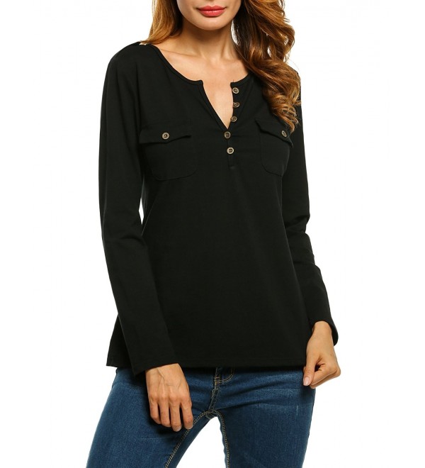 Women Button Down V Neck Tops Slim Henley T Shirts Blouse - Black ...