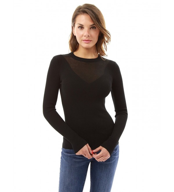 Women's Crewneck Semi-Sheer Inset Sweater - Black - CJ12MZP6W95