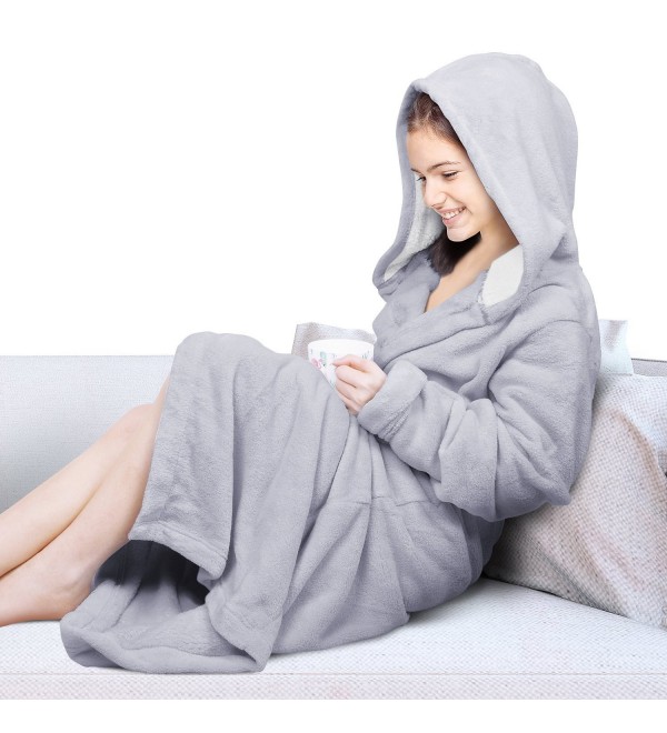 Women's Long Sherpa Lined Hooded Robe with Pockets Plush Bathrobe ...