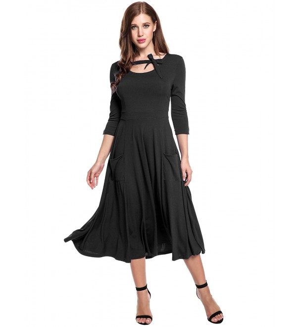 Women's 3/4 Sleeve Pockets Swing Loose Casual Flare Midi Long Dress ...