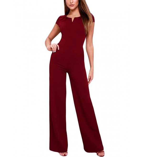 Women Short Sleeve V Neck Jumpsuits High Waist Wide Leg Long Romper ...