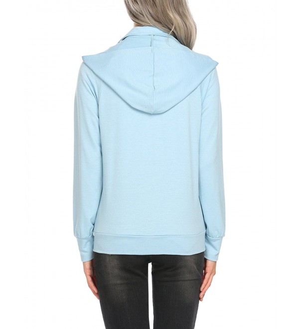 Womens Simple Style Casual Long Sleeve Kangaroo Pocket Hooded Zip Up Solid Hoodie Light Blue