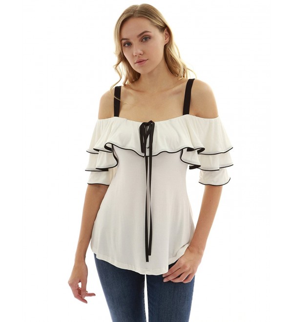 Women's Spaghetti Strap Off Shoulder Ruffle Top - Ivory and Black ...
