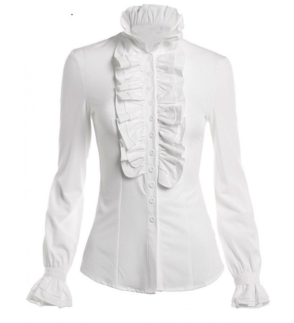 Women Stand-Up Collar Lotus Ruffle Shirts Blouse - White - CR128V41OCV