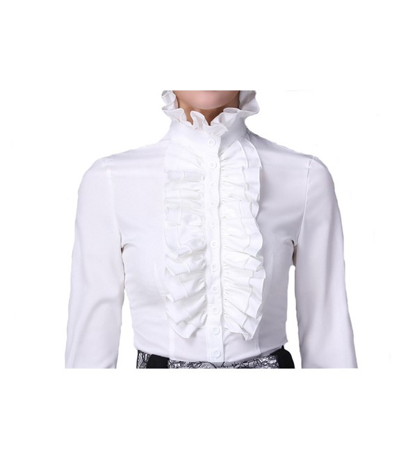 Women Stand-Up Collar Lotus Ruffle Shirts Blouse - White - CR128V41OCV
