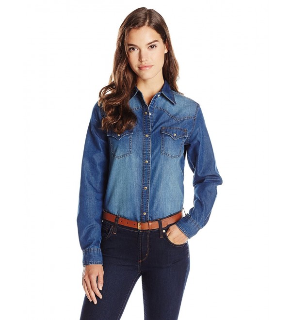 Women's Western Denim Shirt - Dark Wash - CC11ZHLSC81