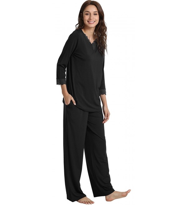Women's Long Sleeve Sleepwear Laced V Neck Bamboo Pajama Pants Set ...