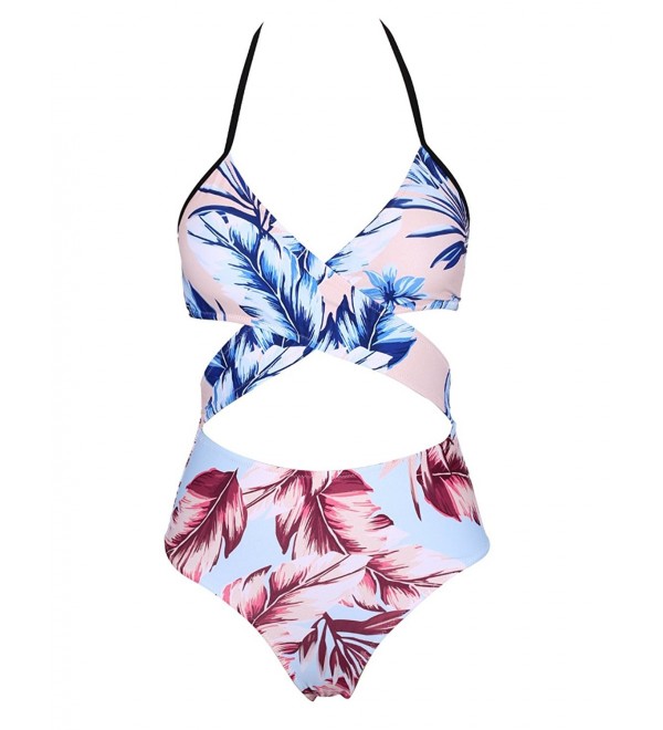 Halter Cut Out One Piece Swimsuit for Women- Floral Print Monokini ...