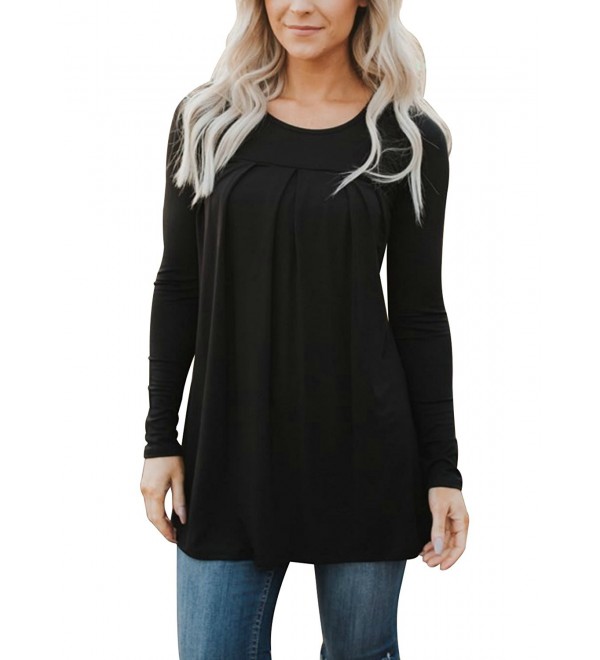 Women's Casual Long Sleeve Pleated Tunic Shirt Solid Flowy Blouse Tops ...