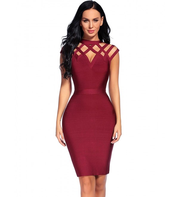 Women's Bandage Mini Dress Sleeveless High Neck Hollow Out Club Dresses ...