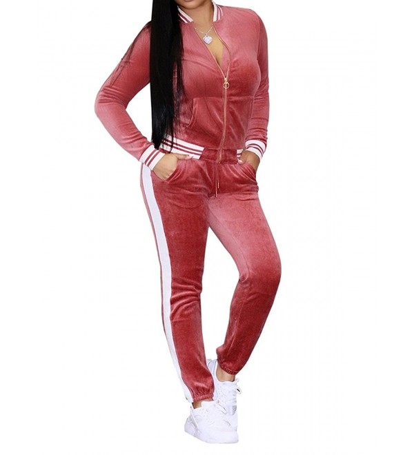 Womens Velvet Jumpsuits Two Piece Long Sleeve Zip Up Jacket+Bodycon ...