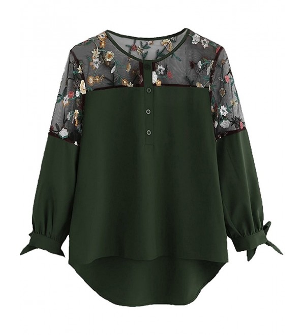 Women's Floral Embroidered Lace Panel Tie Cuff High Low Blouse Top ...