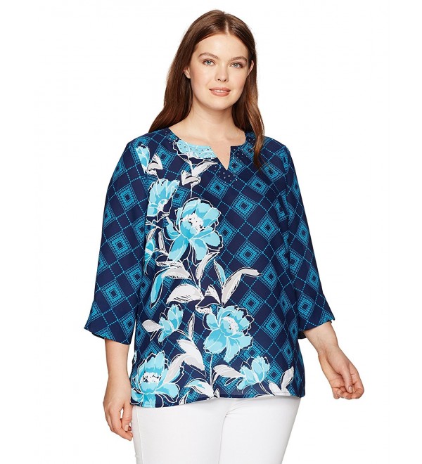 Women's Floral Blouse Roll Sleeve - Navy - C617YQ0ZKKK