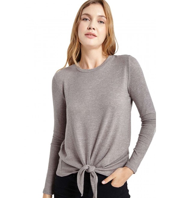 Women's Heathered Knit Long Sleeve Tie Front Knot Sweater Top USA ...