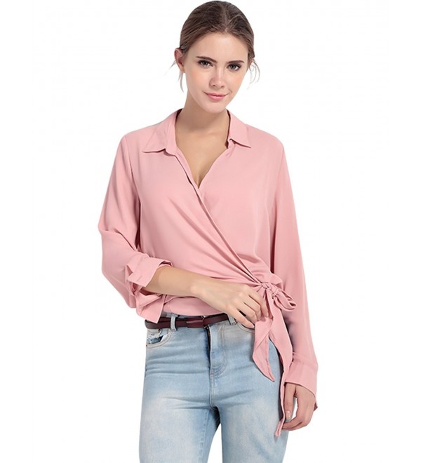 Womens Basic Silk Wrap Low Cut V Neck Top Shirt With Tie Front - Pink ...