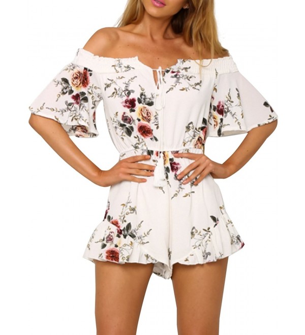 Women's Boho Off Shoulder Floral Print Romper Tassel Chiffon Jumpsuit ...