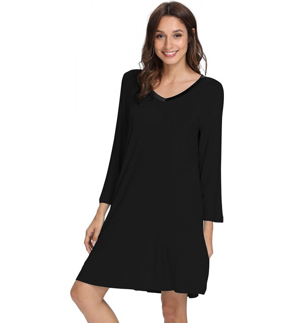 Women's V Neck Sleeved Nightshirt Soft Bamboo Nightgown - Black ...
