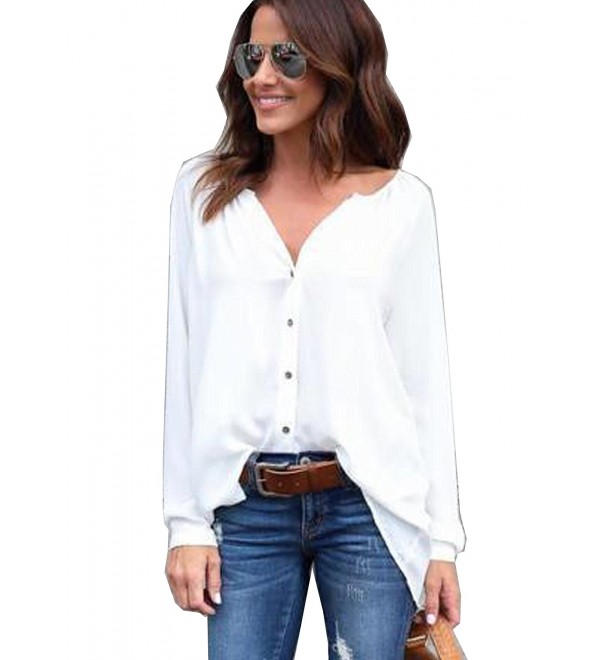 Women's Chiffon Cuffed Long Sleeve Button Down Shirts Casual V Neck ...