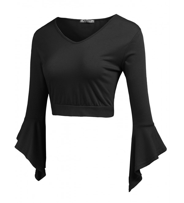 Women's Bell Sleeve Bow Tie Back V Neck Crop Top Slim Fit Midriff ...