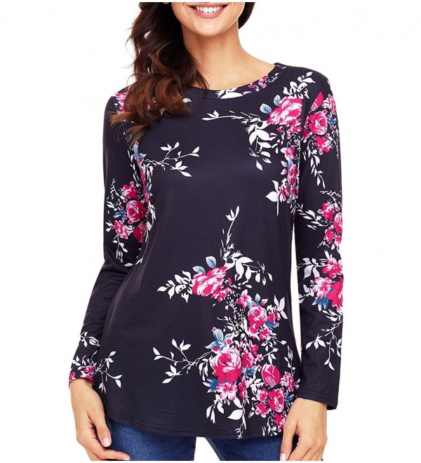 Women's Floral Printed Long Sleeve Blouse Tops Round Neck Casual Shirts ...