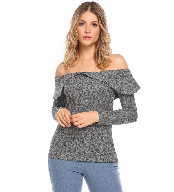 Women's Off Shoulder Ruffles Long Sleeve Pullover Sweater Knit Jumper ...