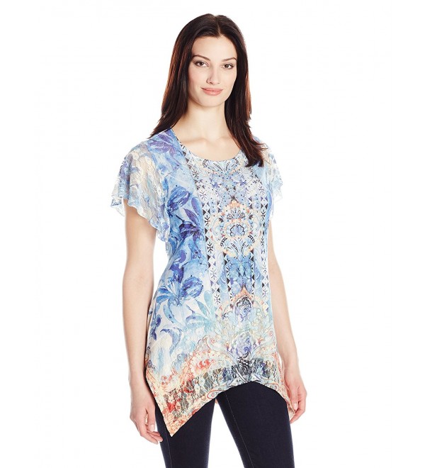 Women's Plus Size Flutter Sleeve Sublimation Sharkbite Top With Lace ...