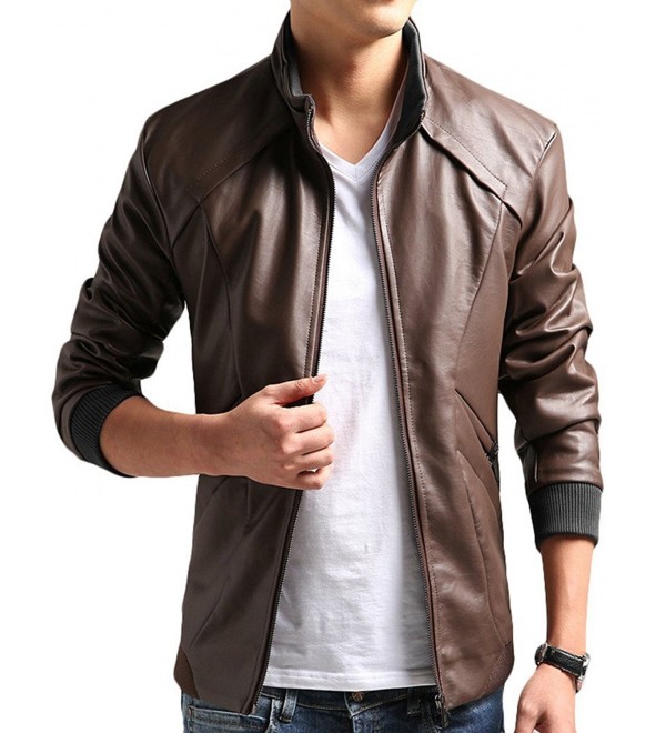 Faux Leather Men Moto Jacket Casual Wear - Brown - C912N83IXNG