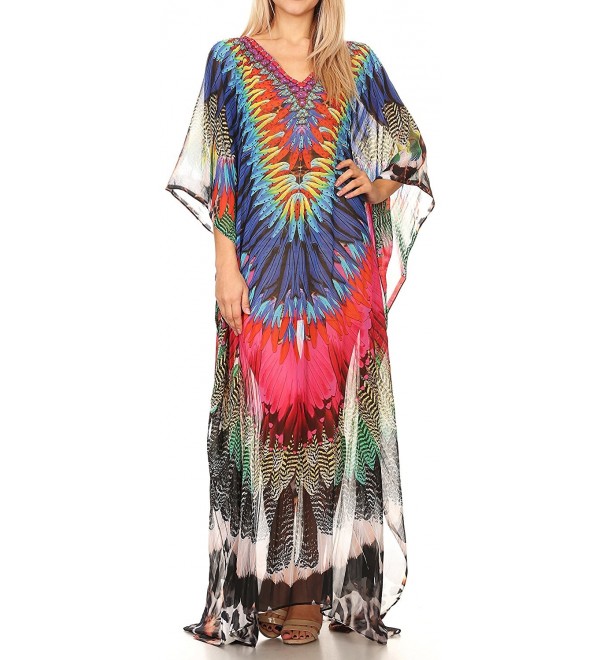 Wilder Printed Design Long Sheer Rhinestone Caftan Dress/Cover Up ...