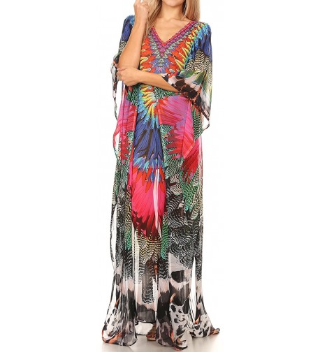 Wilder Printed Design Long Sheer Rhinestone Caftan Dress/Cover Up ...