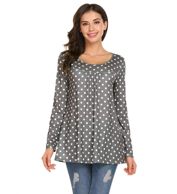 Women's Long Sleeve Round Neck Pleated Flare Polka Dot Tunic Shirt Tops ...