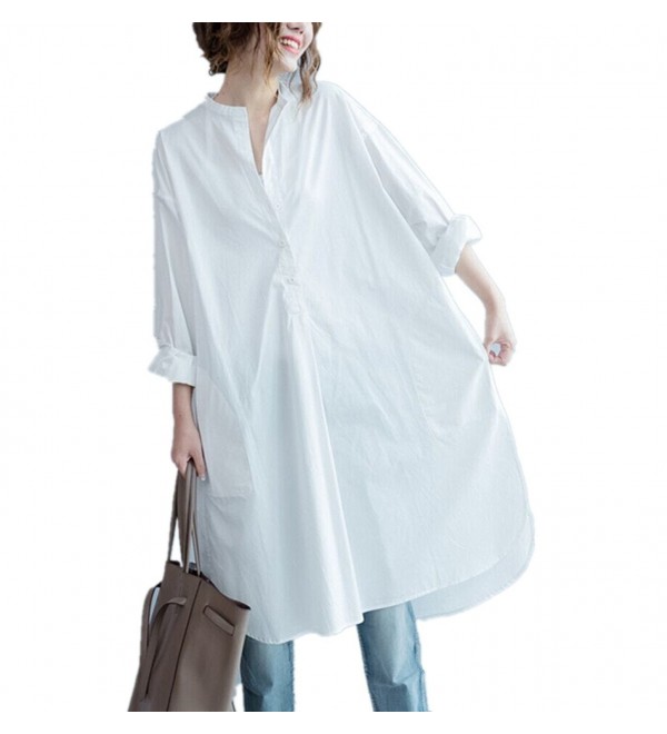 QE2 Women Long Button-Down Shirts Dress Casual Maxi Loose Hi-Low 100% ...