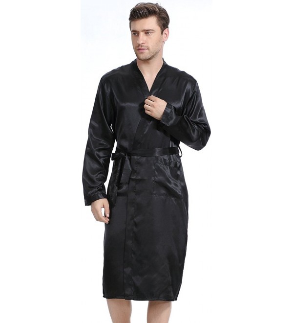 Men's Robe Long Satin Bathrobe Lightweight Nightwear Loungewear - Black ...