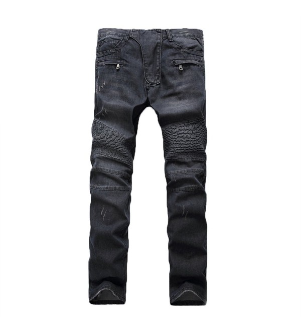 Men's Slim Straight Biker Jeans Hiphop Pants - Black - CU12NU1OZ9U