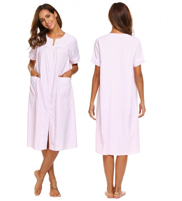 Striped Nightgown Womens Cotton Short Sleeve Button Nightdress House ...