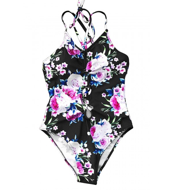 Fashion Women's Floral Print One-piece Swimsuit Beach Lace Up Bikini ...